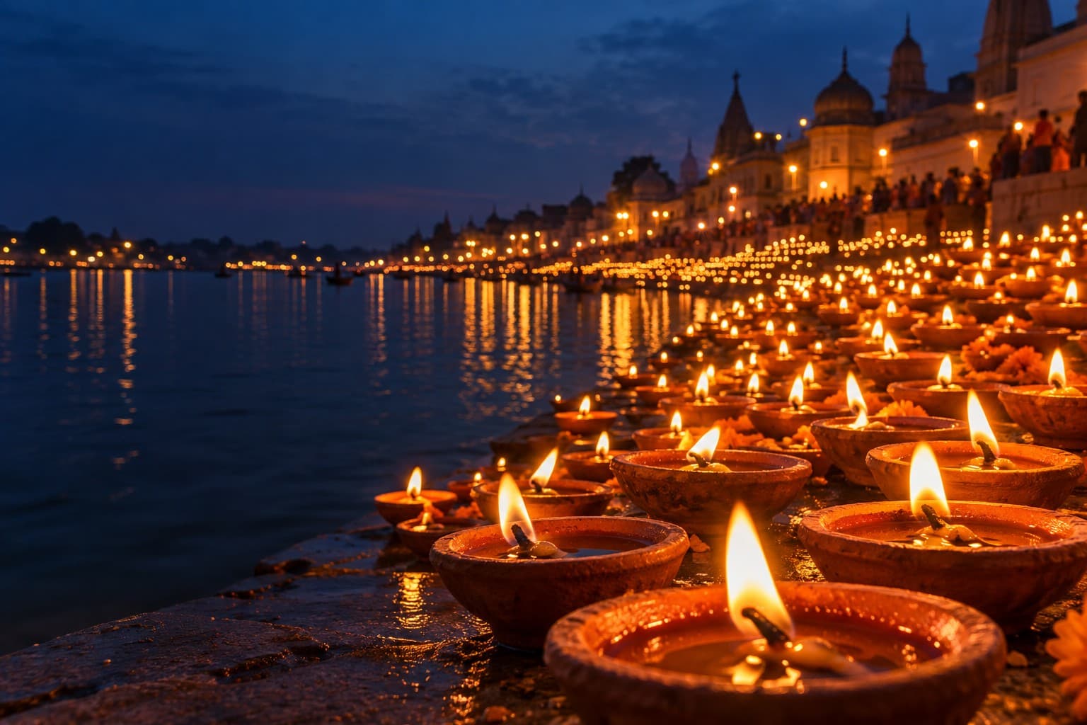 Rows of glowing diyas at a riverfront at dusk